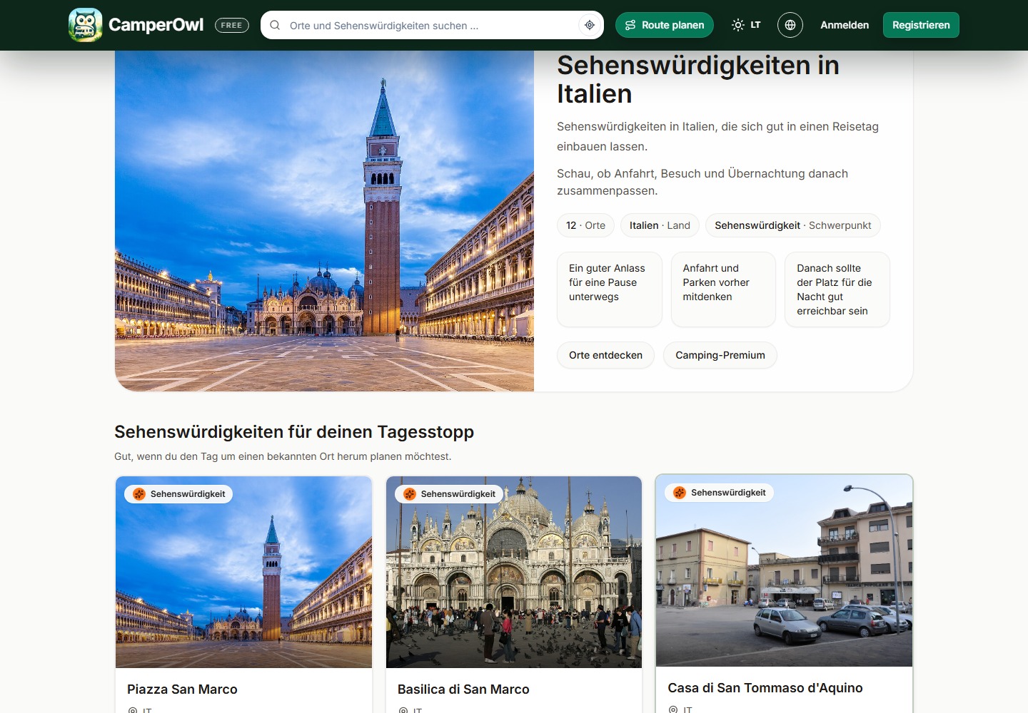 CamperOwl Discovery-Seite mit Sehenswürdigkeiten in Italien und passenden Tagesstopps.
