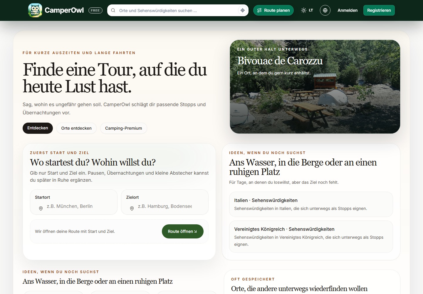 CamperOwl Startseite mit Suche, Routeneinstieg und Camping-Vorschlägen.