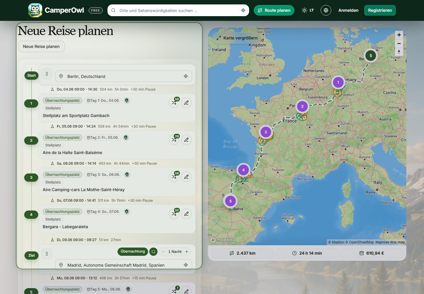 CamperOwl berechnete Route von Berlin nach Madrid mit Zwischenstopps und Karte.