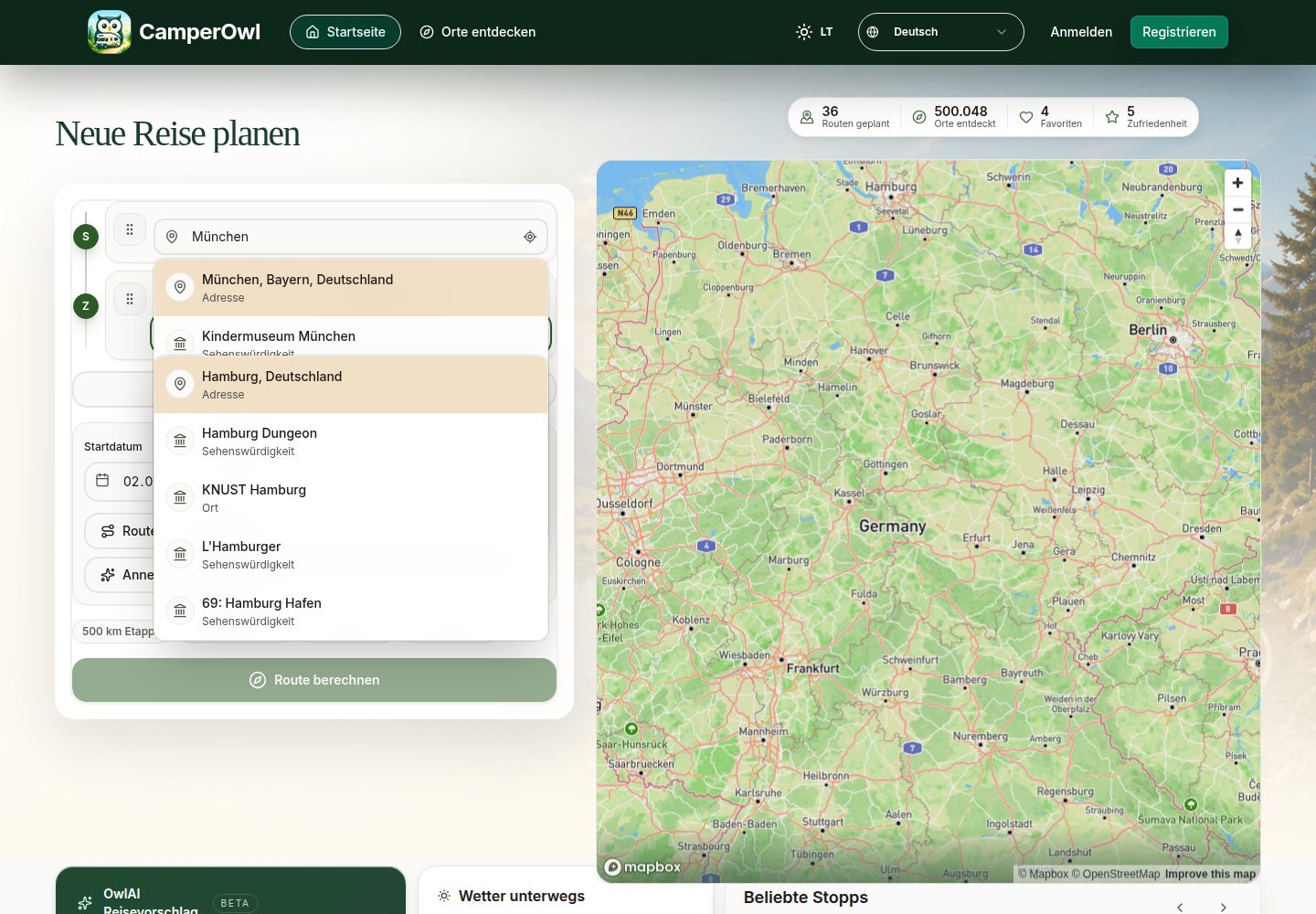 CamperOwl Routenplanung mit Beispielroute München nach Hamburg und sichtbarer Kartenfläche.